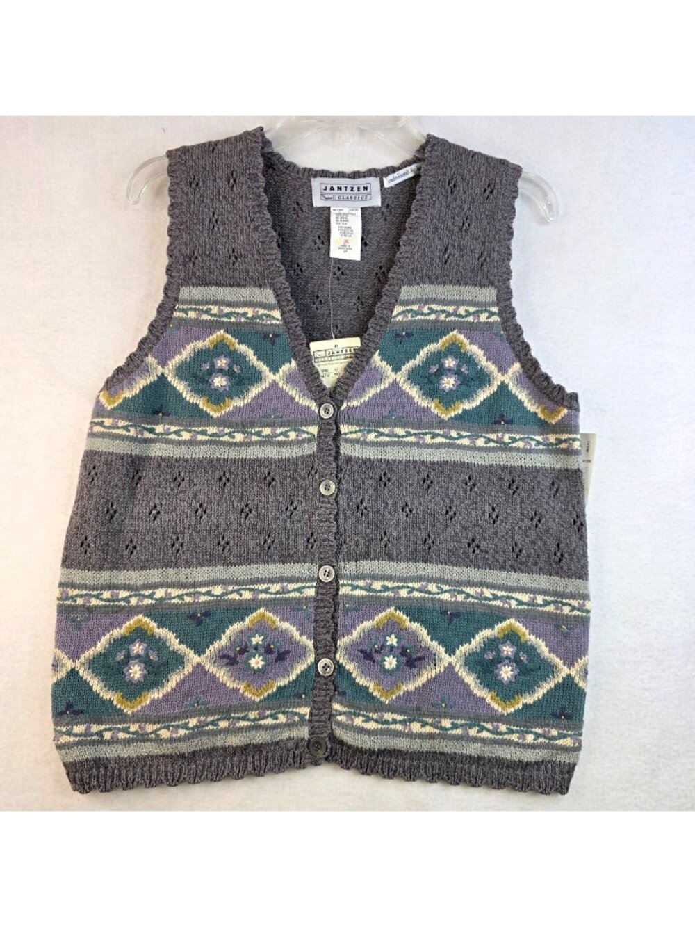 Vintage Jantzen Embroidered Knit Sweater Vest S Gray Floral Granny Cottagecore